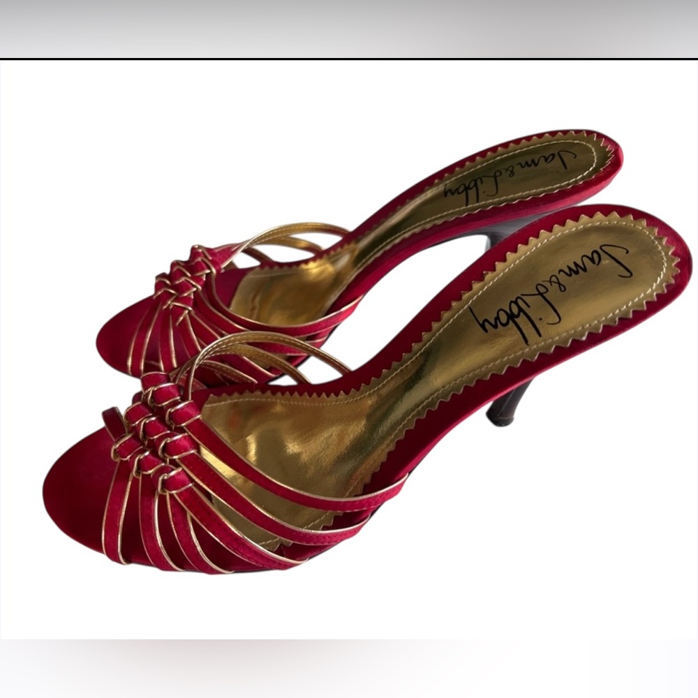 Sam & Libby Red/Gold Crisscross Christmas Holiday Strapless Heels Size 6.5 - Picture 8 of 8